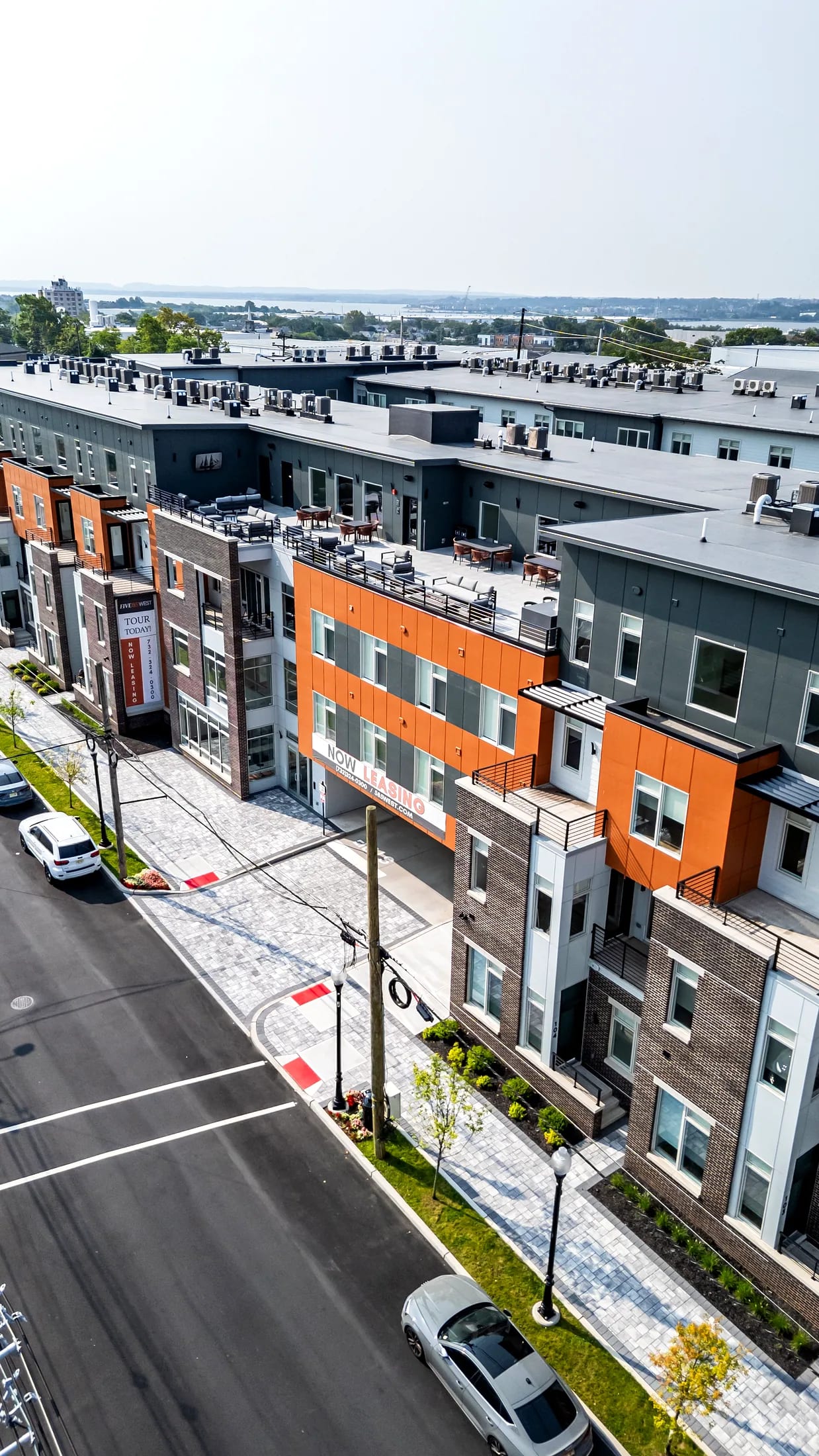 Street view of the Five85West townhomes and sidewalk