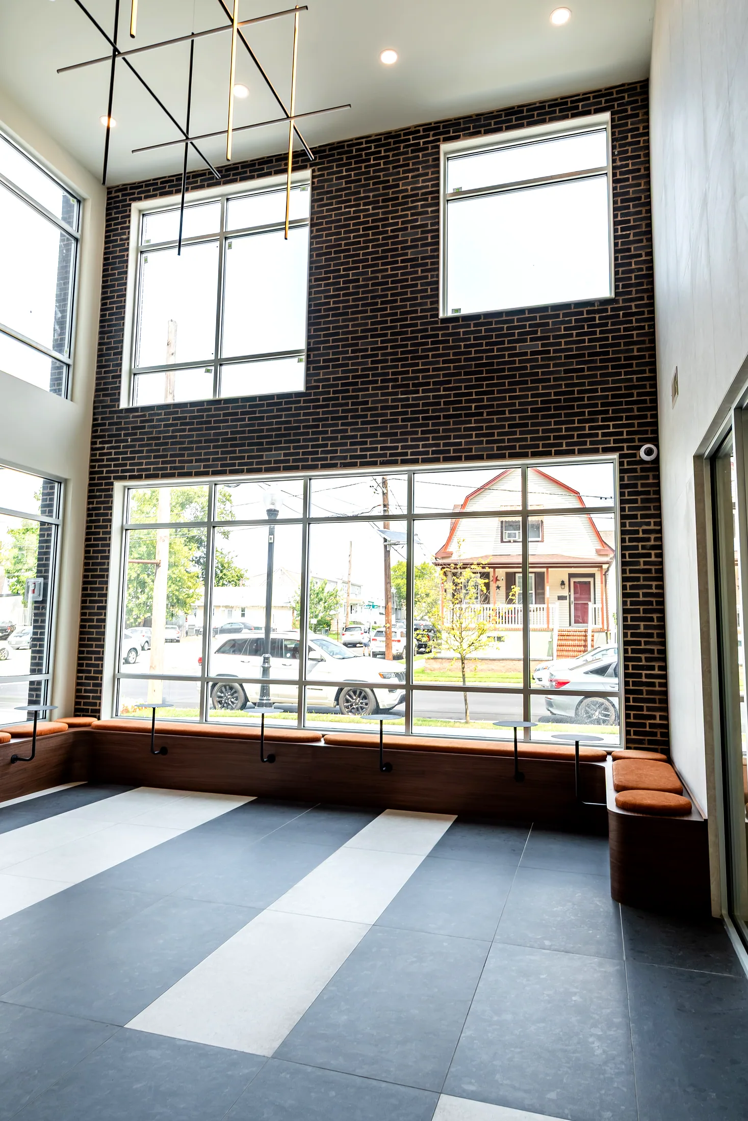 Lobby windows and bench seating at Five85West
