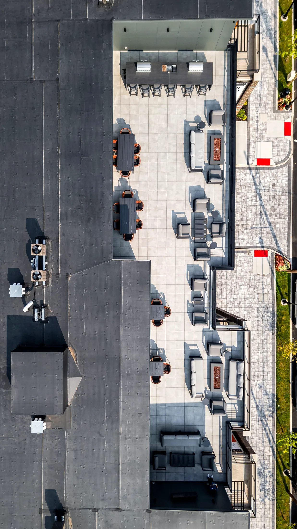 Overhead view of the roof terrace seating and dining at Five85West